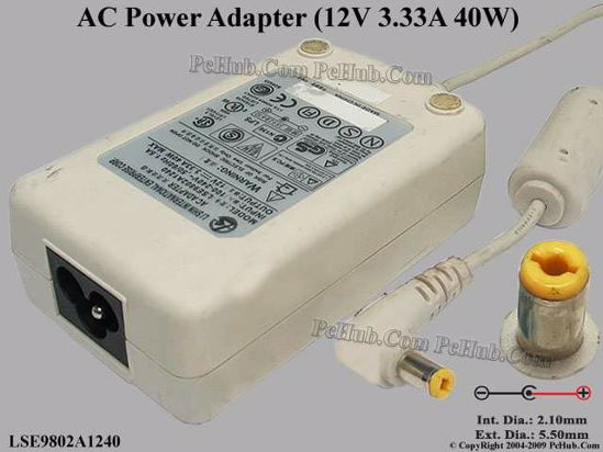 Li Shin LSE9802A1240 AC Adapter 5V-12V 12V 3.33A, 5.5/2.1mm, 3-Prong, White