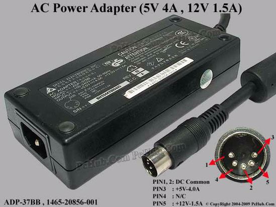 Delta Electronics ADP-37BB AC Adapter 5V-12V 12V 1.5A, 5V 4A, 5-Pin, (1 row), C14