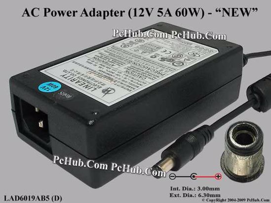 Linearity LAD6019AB5 AC Adapter 5V-12V 12V 5A, 6.3/3.0mm, C14, New