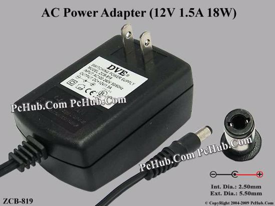 DVE ZCB-819 AC Adapter 5V-12V 12V 1.5A, 5.5/2.5mm, US 2-Pin Plug