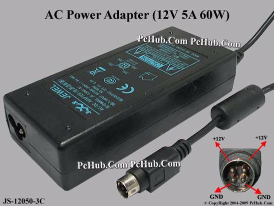 Jewel JS-12050-3C AC Adapter 5V-12V 12V 5A, 4-Pin P1 4=V