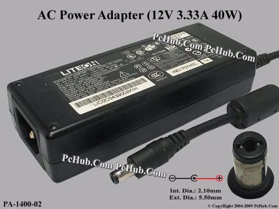 LITE-ON PA-1400-02 AC Adapter 5V-12V 12V 3.33A, 5.5/2.1mm, C14