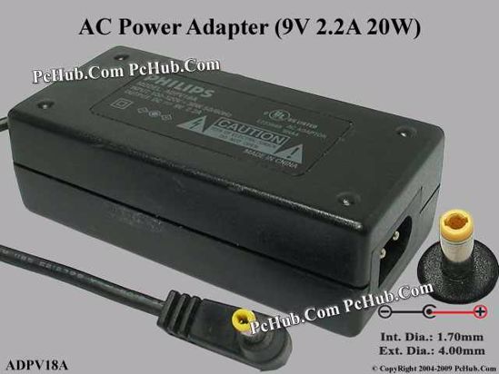 Philips Common Item (Philips) AC Adapter 5V-12V ADPV18A , 9V 2.2A, (1.7/4.0mm), 2-prong