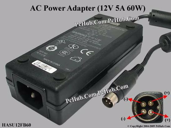 HJC HASU12FB60 AC Adapter 5V-12V 12V 5A, 4-Pin P1 4=V