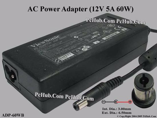 ViewSonic Common Item (ViewSonic) AC Adapter 5V-12V 12V 5A, 6.3/3.0mm, 3-Prong