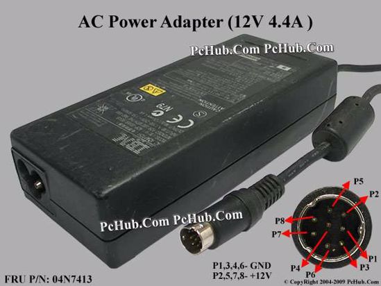 IBM Common Item (IBM) AC Adapter 5V-12V 04N7413, 12V 4.4A, 8-pin DIN