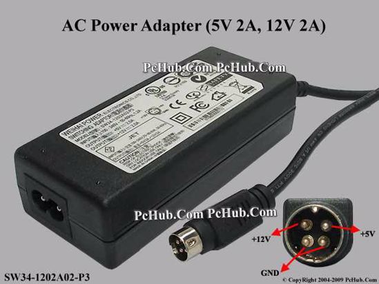 Other Brands Weihai Power AC Adapter 5V-12V 12V 2A, 5V 2A, 4P, P1=5V, P4=12V, 2-Prong, N