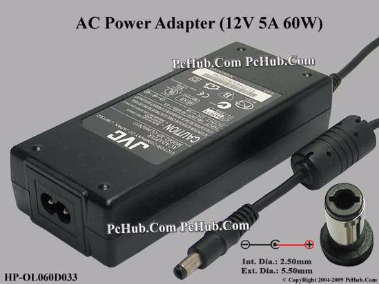 JVC HP-OL060D033 AC Adapter 5V-12V 12V 5A, 5.5/2.5mm, 2-Prong