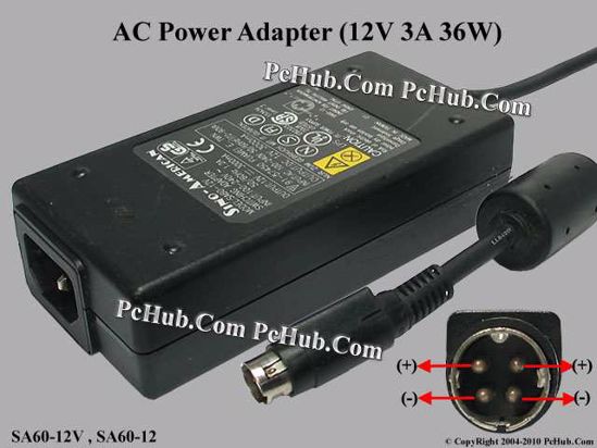 Sino American SA60-12V AC Adapter 5V-12V 12V 3A, 4-Pin,P1 2=V