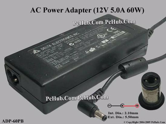 Delta Electronics ADP-60PB AC Adapter 5V-12V 12V 5A, 5.5/2.1mm, 3-Prong