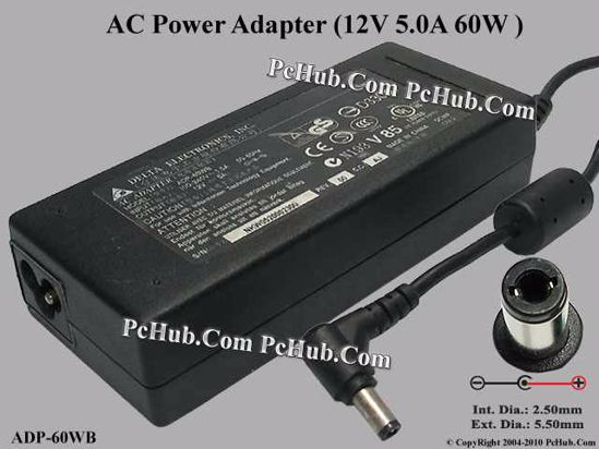 Delta Electronics ADP-60WB AC Adapter 5V-12V 12V 5A, 5.5/2.5mm, 3-Prong