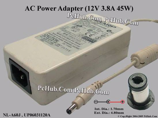 Sharp Common Item (Sharp) AC Adapter 5V-12V NL-A60J, 12V 3.8A, Tip-A, (IEC C14)