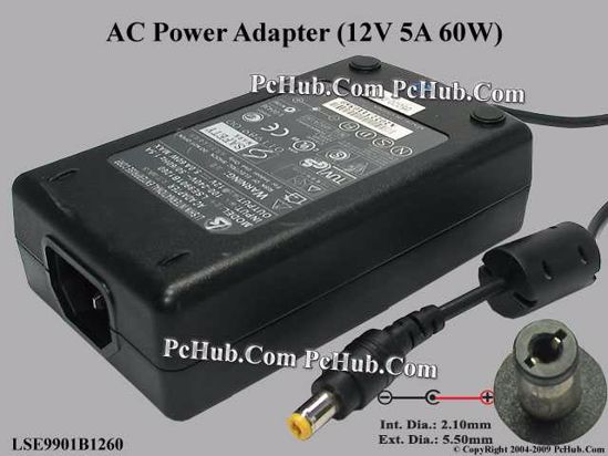 Li Shin LSE9901B1260 AC Adapter 5V-12V 12V 5A, 5.5/2.1mm, C14