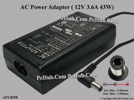 Acbel Polytech API-8558 AC Adapter 5V-12V 12V 3.6A 5.5/2.5mm, 2-Prong