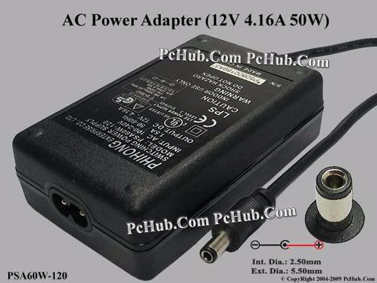 PHIHONG PSA60W-120 AC Adapter 5V-12V 12V 4.16A, 2.5/5.5mm, 2-Prong