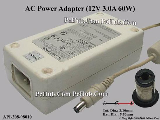 Acbel Polytech API-208-98010 AC Adapter 5V-12V 12V 3A, 5.5/2.1mm, C14, white