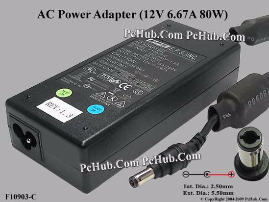 EPS F10903-C AC Adapter 5V-12V 12V 6.67A, 5.5/2.5mm, 3-Prong