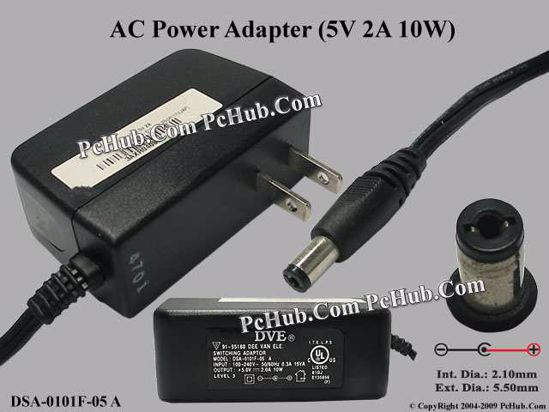 DVE DSA-0101F-05 AC Adapter 5V-12V 5V 2A 10W, 2.1/5.5mm, US Pluge