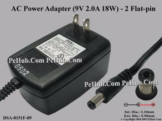 DVE DSA-0151F-09 AC Adapter 5V-12V 9V 2A, 5.5/2.1mm, US 2-Pin, New