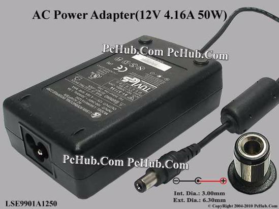 Li Shin LSE9901A1250 AC Adapter 5V-12V 12V 4.16A, 3.0/6.3mm, 3-prong