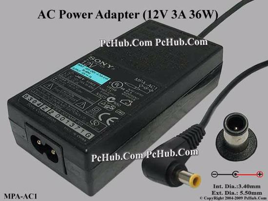 Sony Common Item (Sony) AC Adapter 5V-12V 12V 3A, 5.5/3.5mm With Pin, 2-Prong