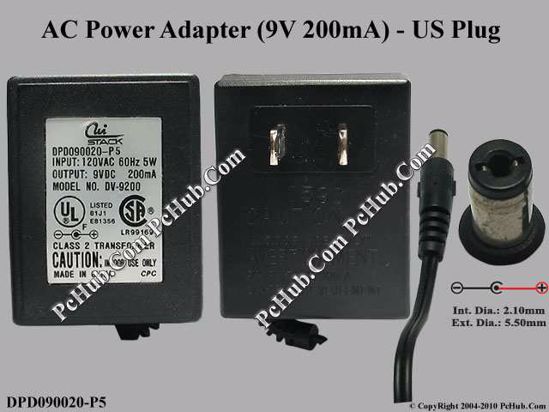 Other Brands Cui STACK AC Adapter 5V-12V DPD090020-P5, 9V 200mA, Tip-B, US 2-pin