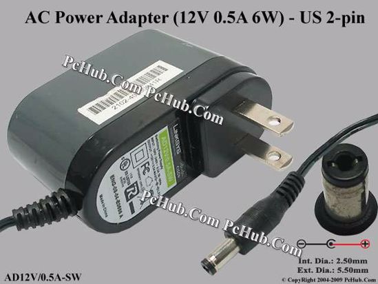 Linksys AD12V/0.5A-SW AC Adapter 5V-12V 12V 0.5A, (2.1/5.0mm), US 2-pin