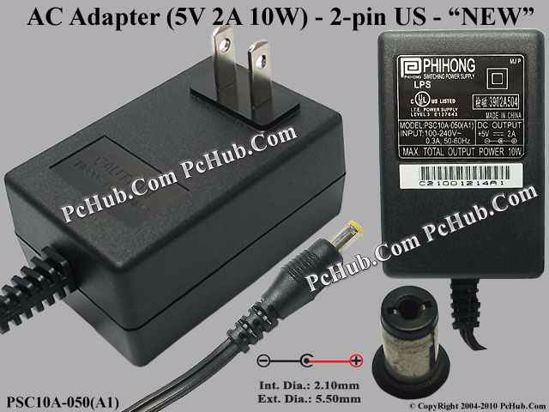 PHIHONG PSC10A-050(A1) AC Adapter 5V-12V 5V 2A, 5.5/2.1mm, US 2-Pin Plug, New