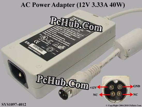 Other Brands SYN Electronics AC Adapter 5V-12V 12V 3.33A, 4-Pin P1=12V, C14, White