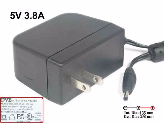 DVE DSA-30W-05 AC Adapter 5V-12V 5V 3.8A, 3.5/1.35mm, US 2-Pin Plug