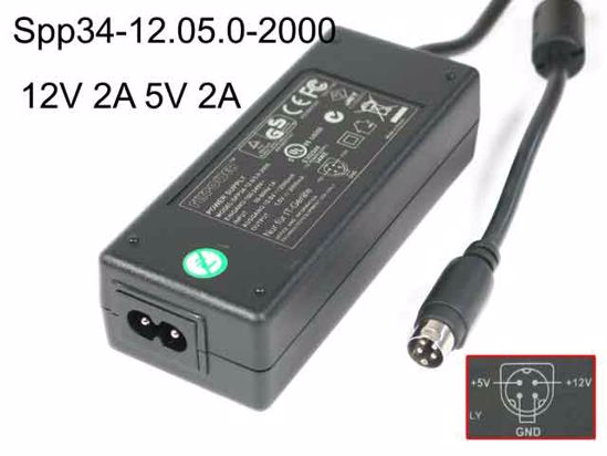 FlyPower SPP34-12.0/5.0-2000 AC Adapter 5V-12V 12V 2A, 5V 2A, 4-P P1=5V P4=12V, 2-Prong,