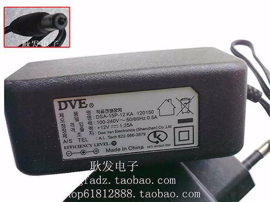 DVE DSA-15P-12 AC Adapter 5V-12V 12V 1.25A, 5.5/2.5mm, EU 2-Pin , New