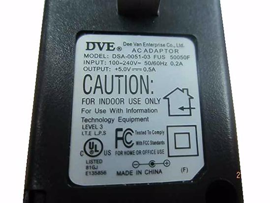 DVE DSA-0051-03 AC Adapter 5V-12V 5V 0.5A, 5.5/2.1mm, US 2-Pin, New