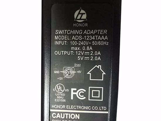 Honor ADS-1234TAAA AC Adapter 5V-12V 12V 2A, 5V 2A, 5P, P1 2=5V, P3=12V, 2-Prong, New