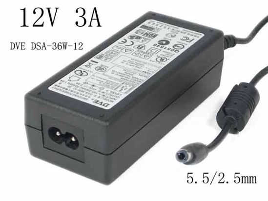 DVE DSA-36W-12 AC Adapter 5V-12V 12V 3A, 5.5/2.5mm, 2-Prong, New