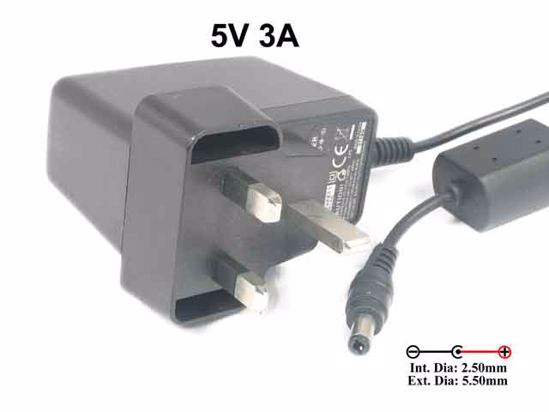 Other Brands SWITCHING AC Adapter 5V-12V RHF-050300-CB, 5V 3A, Barrel 5.5/2.5mm,UK 2-Pin