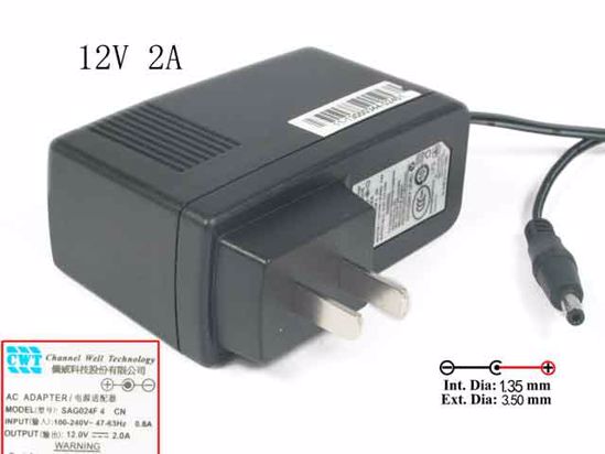 CWT / Channel Well Technology SAG024F AC Adapter 5V-12V 12V 2A, 3.5/1.35mm, US 2-Pin, Ne