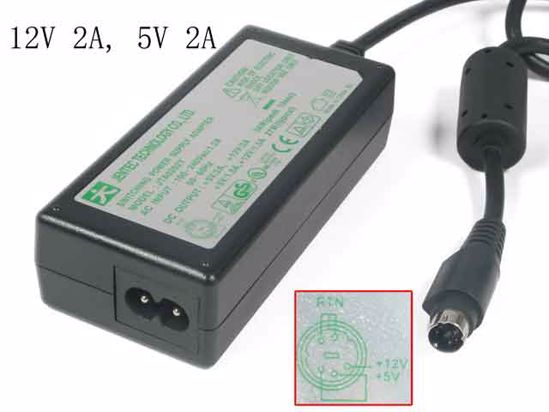 JENTEC JTA0202Y AC Adapter 5V-12V 12V 2A, 5V 2A, 5P, P3=12V, P4 5-5V, 2-Prong