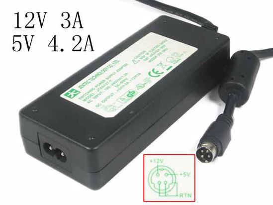 JENTEC JTA0707-Y AC Adapter 5V-12V 12V 3A, 5V 4.2A, 4p, P1=5V P4=12V, 2-Prong