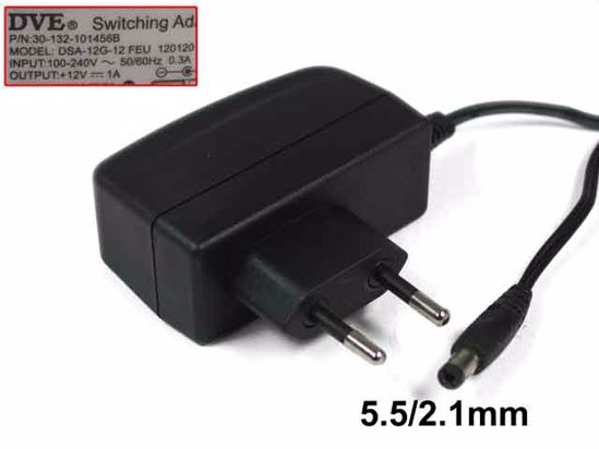 DVE DSA-12G-12 AC Adapter 5V-12V 12V 1A, Barrel 5.5/2.1mm, EU 2-Pin Plug