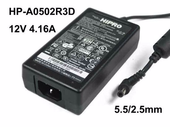 HIPRO HP-A0502R3D AC Adapter 5V-12V HP-A0502R3D, 12V 4.16A, Barrel 5.5/2.5mm, IEC C14