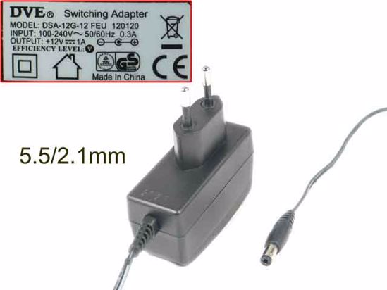 DVE DSA-12G-12 AC Adapter 5V-12V DSA-15G-12, 12V 1A, Barrel 5.5/2.1mm, EU 2-Pin Plu