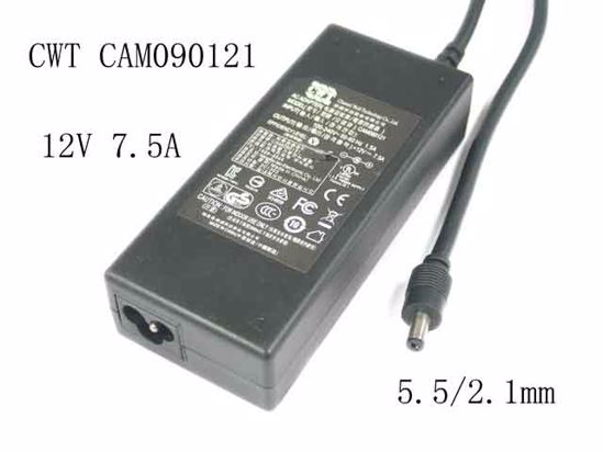 CWT / Channel Well Technology CAM090121 AC Adapter 5V-12V 12V 7.5A, 5.5/2.1mm, 3-Prong