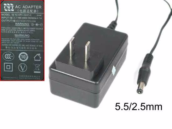 CWT / Channel Well Technology KPC-024F-C AC Adapter 5V-12V 12V 2A, 5.5/2.5mm, US 2P