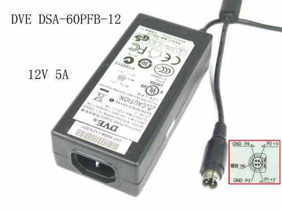 DVE DSA-60PFB-12 AC Adapter 5V-12V 12V 5A, 4P P1 4=V