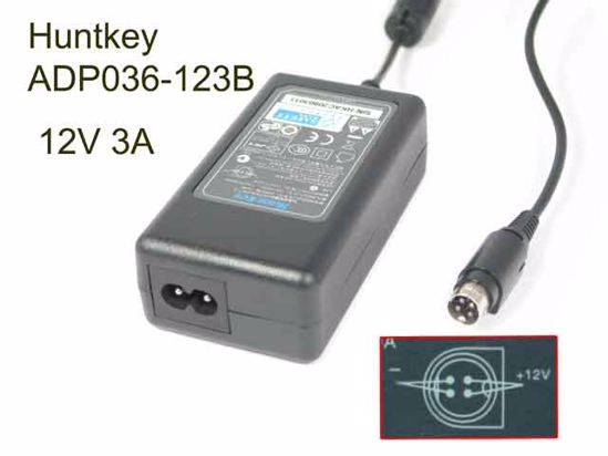 Huntkey ADP036-123B AC Adapter 5V-12V 12V 3A, 4-Pin Din, 2-Prong