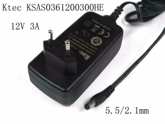 Ktec KSAS0361200300HE AC Adapter 5V-12V 12V 3A, 5.5/2.1mm, EU 2P