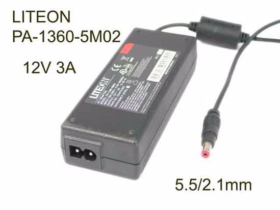 LITE-ON PA-1360-5M02 AC Adapter 5V-12V 12V 3A, 5.5/2.1mm, 2-Prong