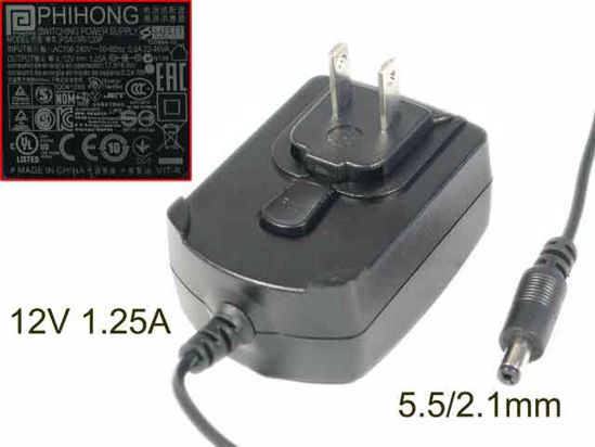 PHIHONG PSA15R-120P AC Adapter 5V-12V 12V 1.25A, 5.5/2.1mm, US 2P