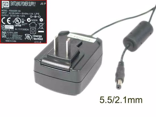 PHIHONG PSAA20R-120 AC Adapter 5V-12V 12V 1.67A, 5.5/2.1mm, US 2P